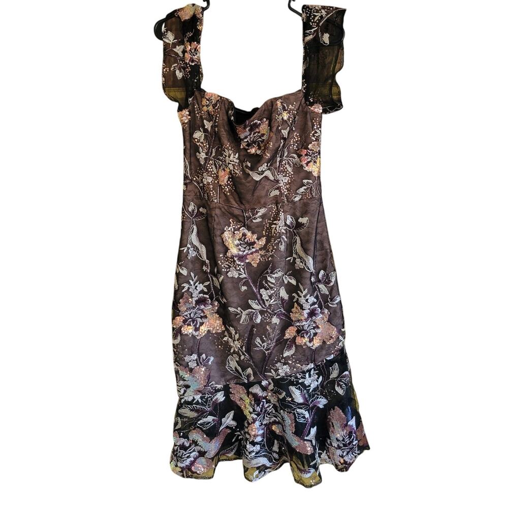 Dress the Population Lace Asymetrical Sequin Floral Cap Sleeve Brown Dress Mediu